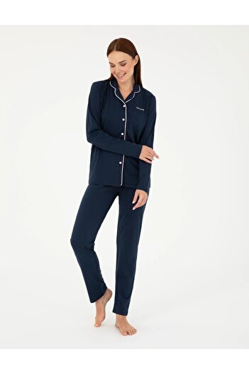 Pierre Cardin Women's Navy Blue Cotton Modal Pajamas Set - Tall Placket, Boxed Q8.U.8O.K2.K.A8.P.C