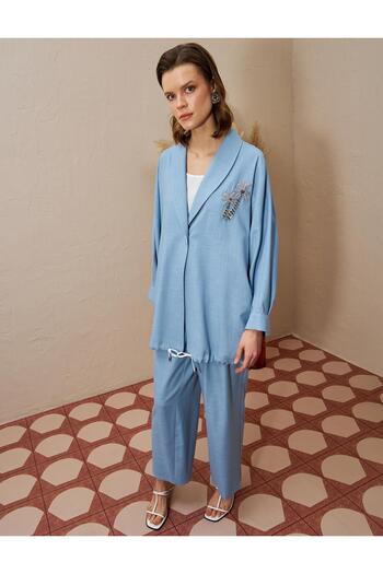 Kayra Palm Embroidered Double Suit Dark Blue