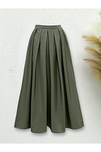 Modamorfo Khaki Color Parachute Fabric - Elastic Waist Pleated Skirt