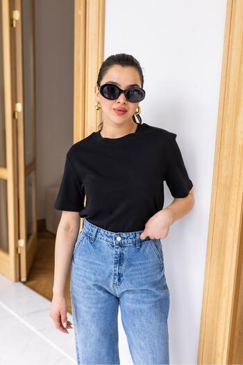 Askı Nişantaşı Black Crew Neck Cotton Fabric T-Shirt