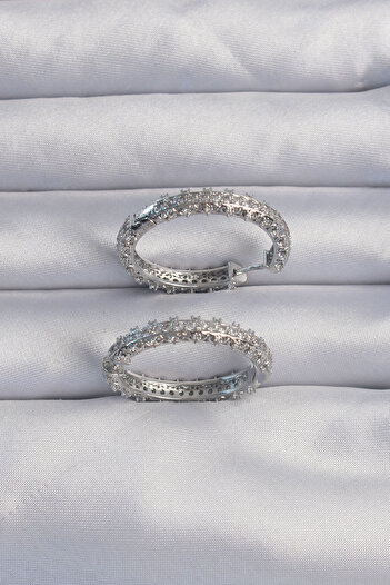 SeyCey.co Brass Silver Color Zircon Stone Motif Hoop Earrings