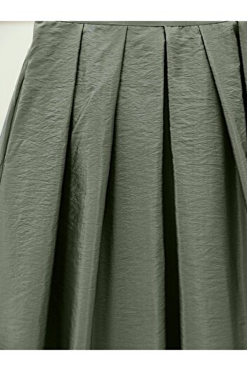 Modamorfo Khaki Color Parachute Fabric - Elastic Waist Pleated Skirt
