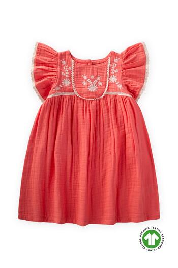 Cigit Organic Embroidered Muslin Dress for Girls 2-10 Years - Coral