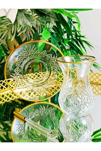 Eslim Pasabahce Gold Pattern Cutout Crystal Tea Cup Set Set 18 Pieces Tea Set Special Series of 6 People