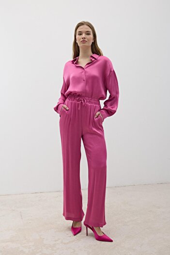 LEVURE Kadın Önü Düğmeli Oversize Saten Gömlek KOYU PEMBE
