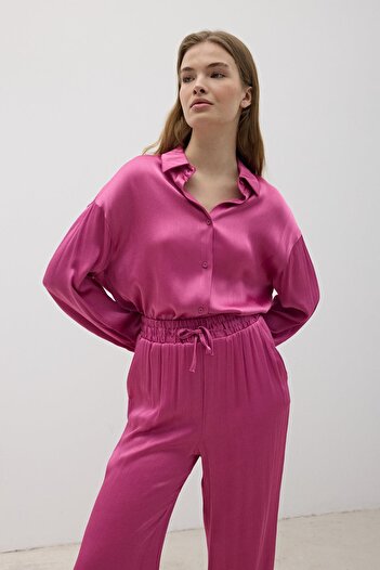 LEVURE Kadın Önü Düğmeli Oversize Saten Gömlek KOYU PEMBE