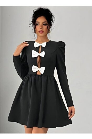 buğrahayalin    Women's Diving Fabric Bow Detail Long Sleeve Mini Length Dress