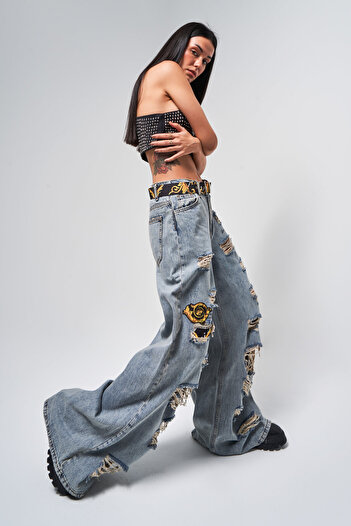 its basic Women's Denim Color Ripped Detailed Belted Design Palazzo Fit Denim Jean