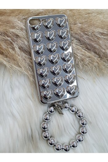 Aksesuarda Moda Iphone 7 Plus and 8 Plus Compatible 3D Heart Metallic Charm Accessorized Case