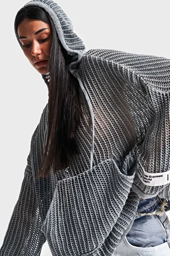 its basic Women's Anthracite Color Loose Cut Thin Hole Openwork Hooded Design Knitwear