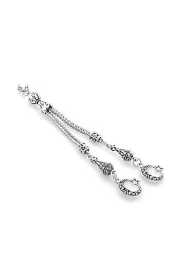 Tesbihane Crescent and Star Themed 2-Piece Silver Color Whips Non-Tarnish Metal Tassel Set