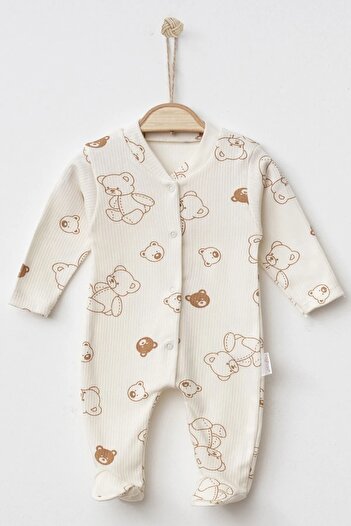 ENİA BABY Unisex Baby Teddy Bear Themed Themed Jumpsuit with Snap Fasteners Booties Newborn Baby Outfit 0-3-6 Months