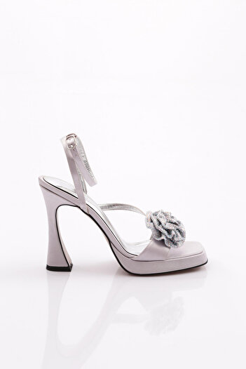 DGN Silver Satin Evening Dress - Rose Patterned High Heels 71061535