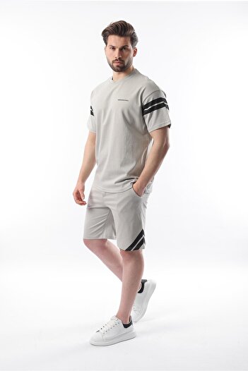 Madmext Painted Gray Stripe Detailed Men's Shorts T-Shirt Set E7301