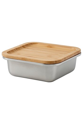 erorex Food container with lid, square stainless steel/bamboo, 600 ml