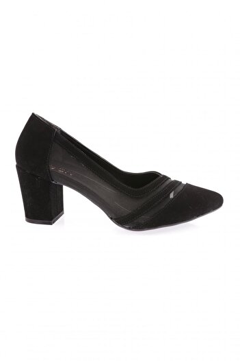 DGN Women's Pointed Toe Transparent Mesh Detailed Heeled Shoes Black Velvet 2172102328