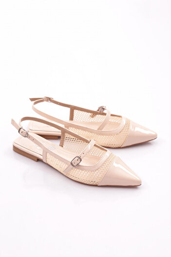 DGN Beige Pointed Toe Patent Leather Ballerinas - Top Tie 7115535
