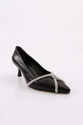 DGN Fb-46 Women's Black Patent Leather - Silver Stone Banded Heeled Shoes
