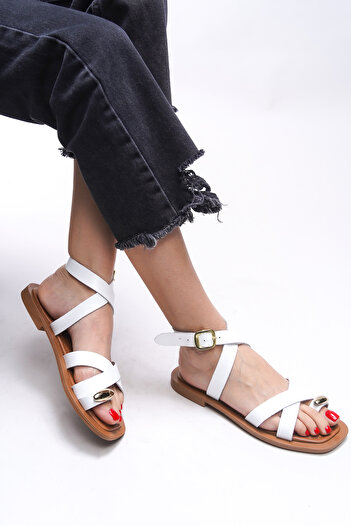 Riccon Linsynora White Genuine Leather Women's Flip Flops Sandals - 00120788