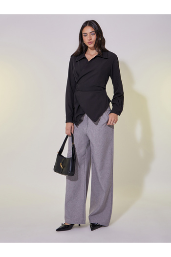 Styli Solid Long Sleeve Wrap Top with Button Detail