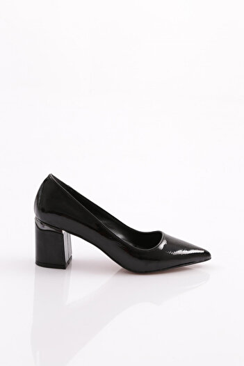 DGN Women's Pointed Toe Thick Heeled Shoes Black Wrinkled Patent Leather 44112534