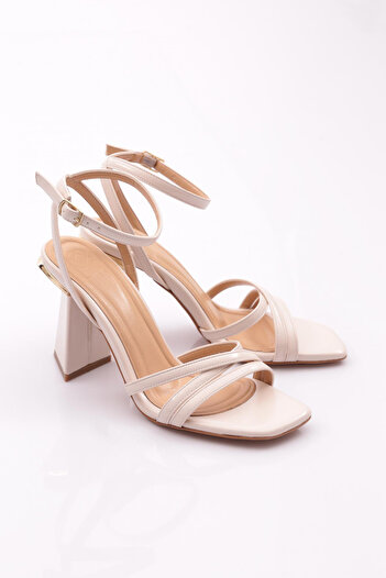 DGN 2440 Model Beige Women's Thick Heeled Evening Dress Shoes