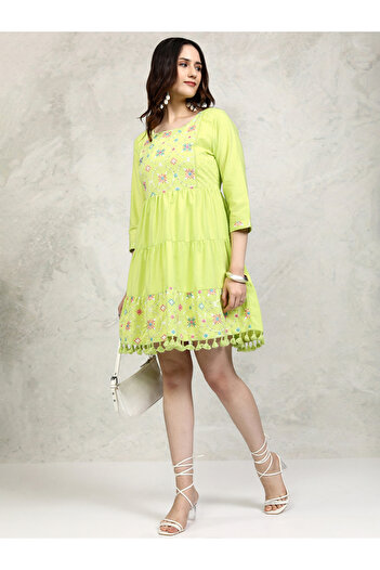Vishudh By Styli Embroidered Panel Pompom Detail A-Line Mini Dress