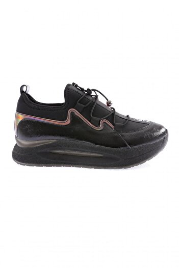 DGN Women's Thick Sole Text Detailed Rubber String Sneakers Shoes Black 9432692
