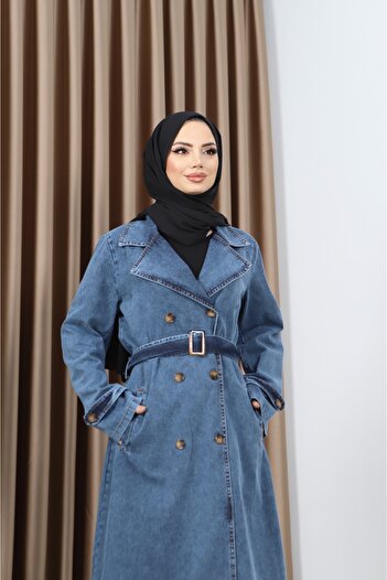Pamuk Butik Kadın Kruvaze Yaka Kemerli Kot Trençkot
