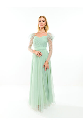 House of Moda By Styli Gathered Mesh Puff Sleeve Maxi Dress with Waist Belt Detail