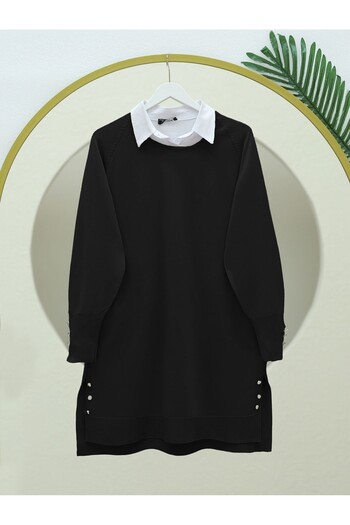 Modamorfo Split Knitwear Tunic with Button Detail on Sleeves and Skirts -Black