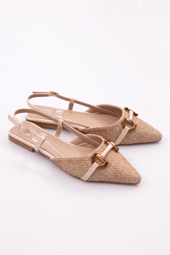 DGN 6006 Beige Patent Leather Pointed Toe Ballerinas - Back Tie Metal Straw Knit Detailed