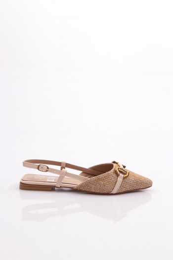 DGN 6006 Beige Patent Leather Pointed Toe Ballerinas - Back Tie Metal Straw Knit Detailed