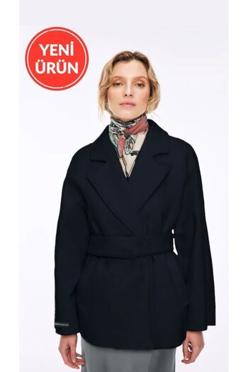 Perryes Dark Navy Blue Women's Belted Double Breasted Cashmere Coat - Overcoat