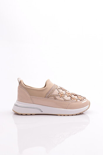 DGN Kadın Çiçek Detaylı Sneaker Ayakkabı Bej Rugan Beyaz 51235105