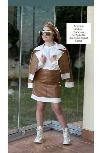 Kuzeyi Butik Girl's Festive Leather Jacket Leather Skirt Combination of 4 Pieces Including Hat and Sweet