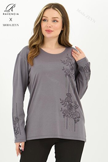 Ravencia Women's Middle-Aged and Above Viscose Stripe Pattern Stone Embroidered Lycra Gray Mother's Combed Cotton Blouse