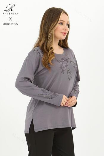 Ravencia Women's Middle-Aged and Above Viscose Tree Pattern Stone Embroidered Lycra Gray Mother's Combed Cotton Blouse