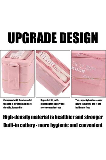 COOYA 3In1 Wheat Straw Bento Lunch Box Kit,Stackable Compartment,with Bag,Leakproof Microwave-Safe,Pink