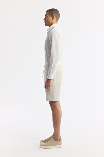 Avva Men's Relaxed Fit Beige Elastic Waist Lace-Up Seersucker Cotton Shorts A51Y3704