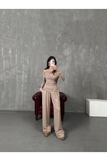 manana fashion Pantaloni bluză cu croială asimetrică drapată din țesătură modal Seturi duble bej