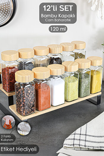 Meleni Home Set of 12 Spice Shakers with Bamboo Lids - Salt Shaker, Pepper Shaker and Angular Spice Set with Labels 120 ml