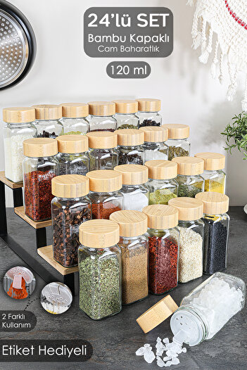 Meleni Home Set of 24 Glass Spice Shakers with Bamboo Lids - Salt Shaker and Pepper Shaker Set with Labels 120 ml
