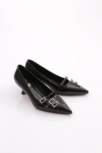 DGN Short Heeled Women's Shoes with Buckle Front Black Patent Leather 3961535