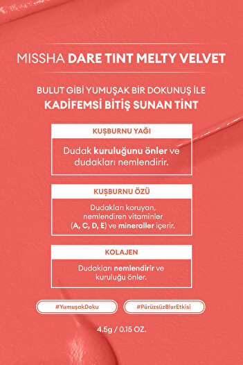 Missha Uzun Süre Kalıcı, Bulaşma Yapmayan, Kadifemsi Bitiş Sunan Tint Dare Tint Melty Velvet (Rosyful Day)