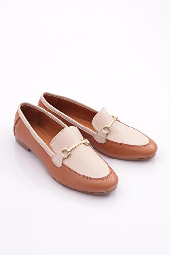DGN 134-1 Tan Genuine Leather Round Toe Women's Ballerinas