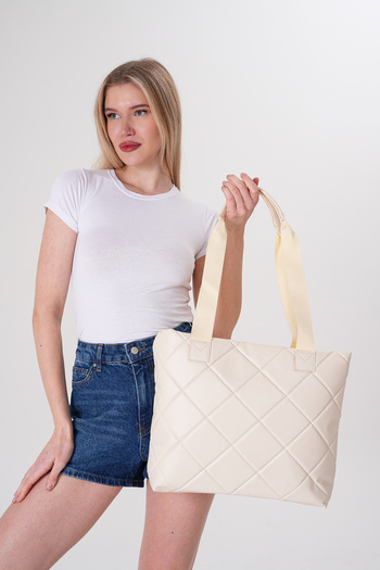 Güce Cream Quilted Diamond Patterned Large Size Hand and Shoulder Bag Gc 012411
