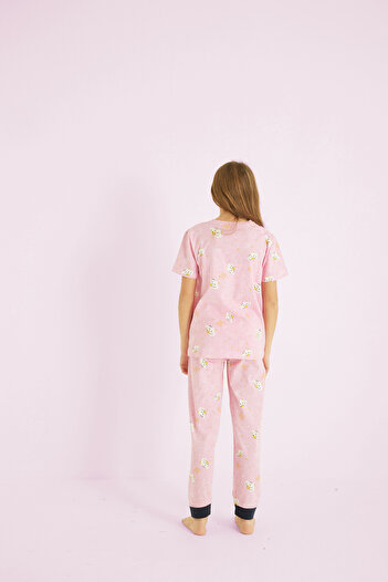 Siyah İnci Pink Girl's 100% Cotton Printed Crew Neck Pajama Set 25110057