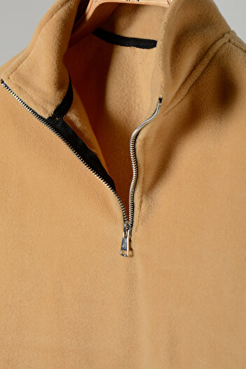 ADEGO Beige Half Zip Regular Fit Stand Collar Fleece Sweatshirt