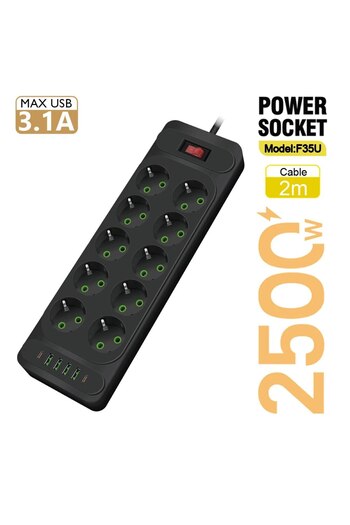 Choice European plug F35 Black EU Plug AC Outlet Multitap Power Strip 2m Extension Cord Electrical Socket S